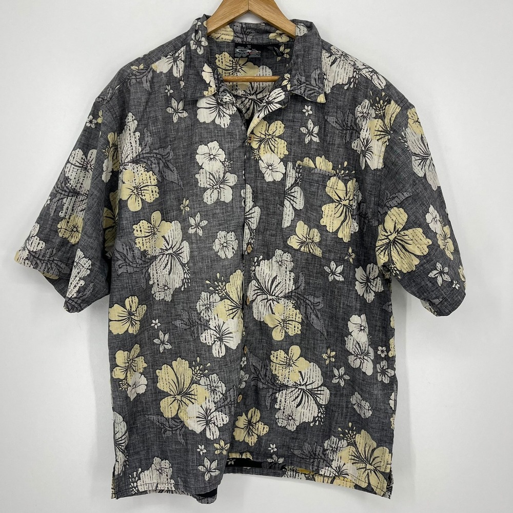 Op Sport Mens XL Hawaiian Shirt Charcoal Grey Yellow Hibiscus Floral Cotton